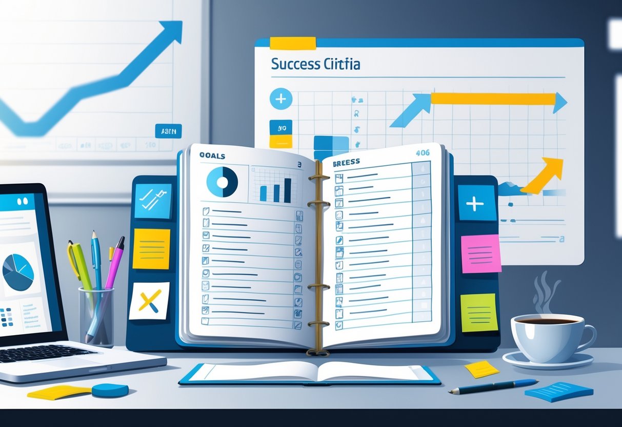 Success Criteria Templates: The Ultimate Guide to Defining Project Success LearningMole A tidy office desk with an open notebook showing checklists and icons, surrounded by a laptop with charts, sticky notes, a pen, and a coffee cup, suggesting planning and organisation.