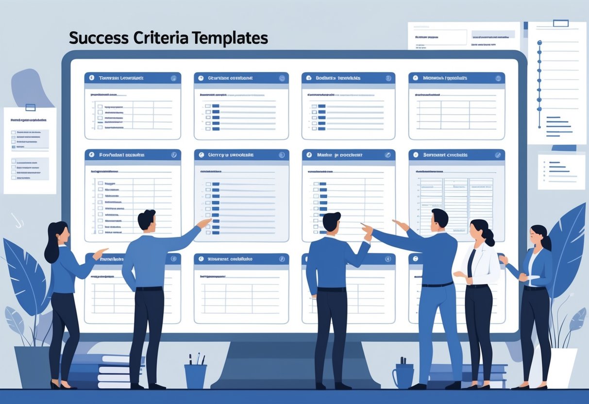 Success Criteria Templates: The Ultimate Guide to Defining Project Success LearningMole A group of professionals collaborating around a large digital screen showing organised template sheets with checklists and progress indicators in a modern office setting.