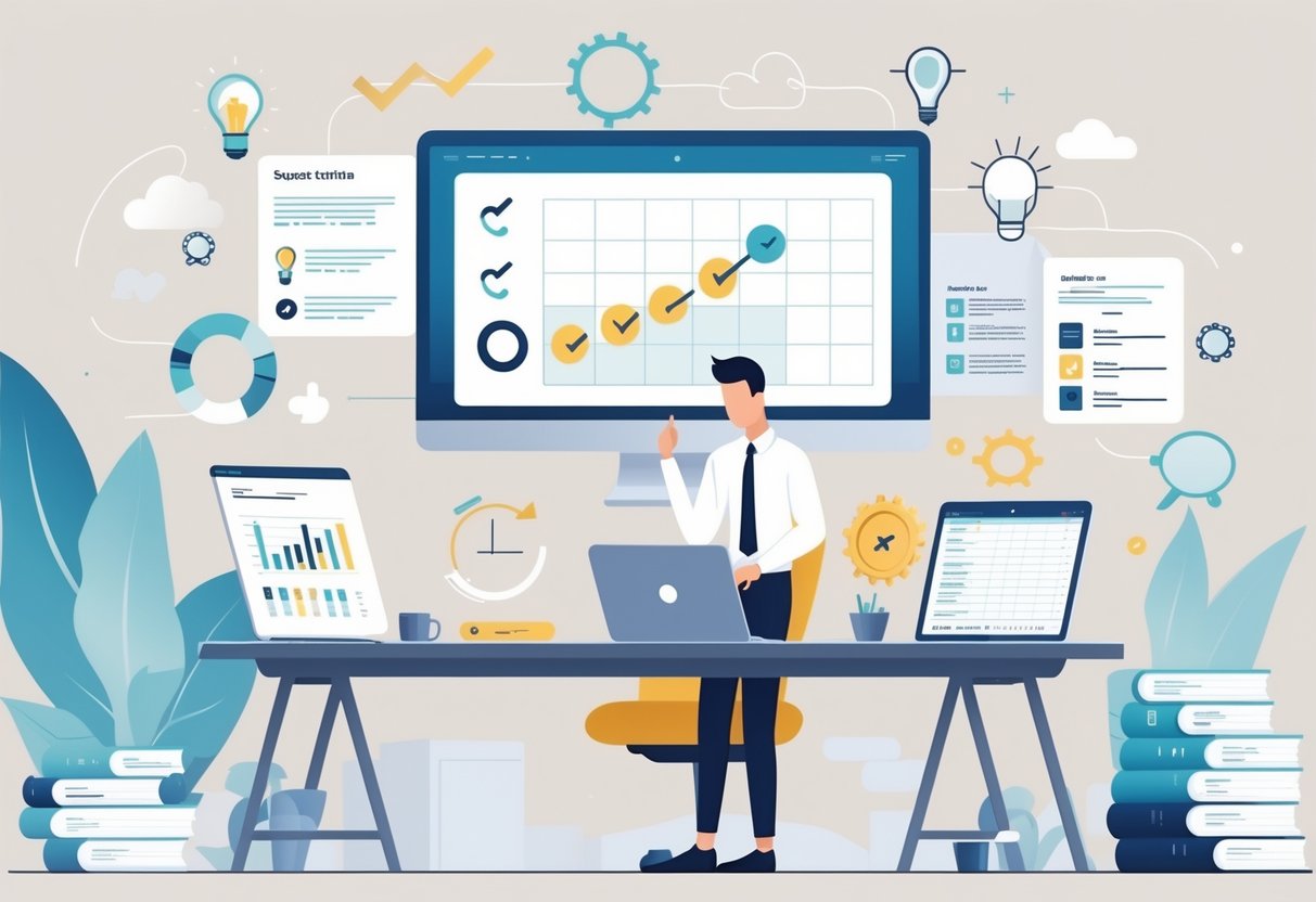 Success Criteria Templates: The Ultimate Guide to Defining Project Success LearningMole A person reviewing organised documents and digital devices on a desk, with floating icons representing success and progress.
