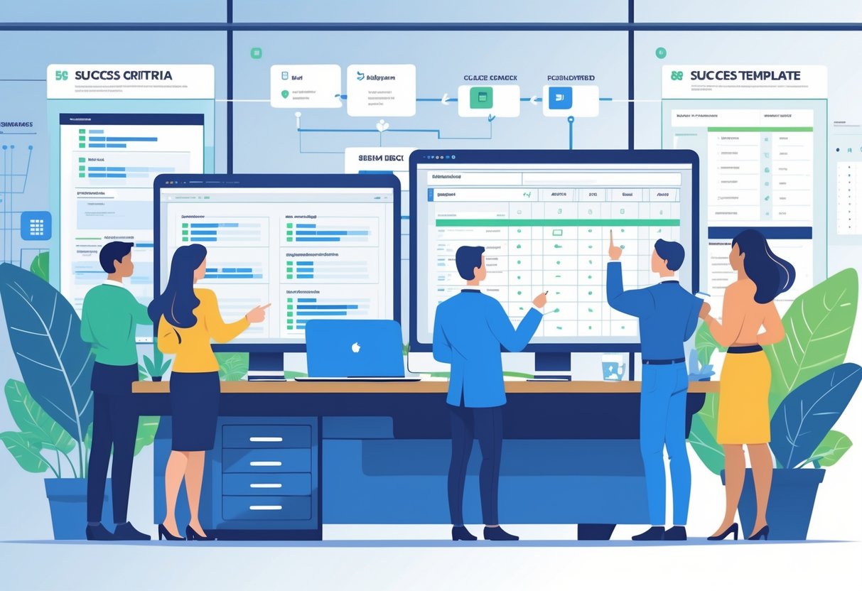 Success Criteria Templates: The Ultimate Guide to Defining Project Success LearningMole A group of professionals collaborating around a desk with digital devices displaying organised templates and diagrams on a whiteboard in a bright office.