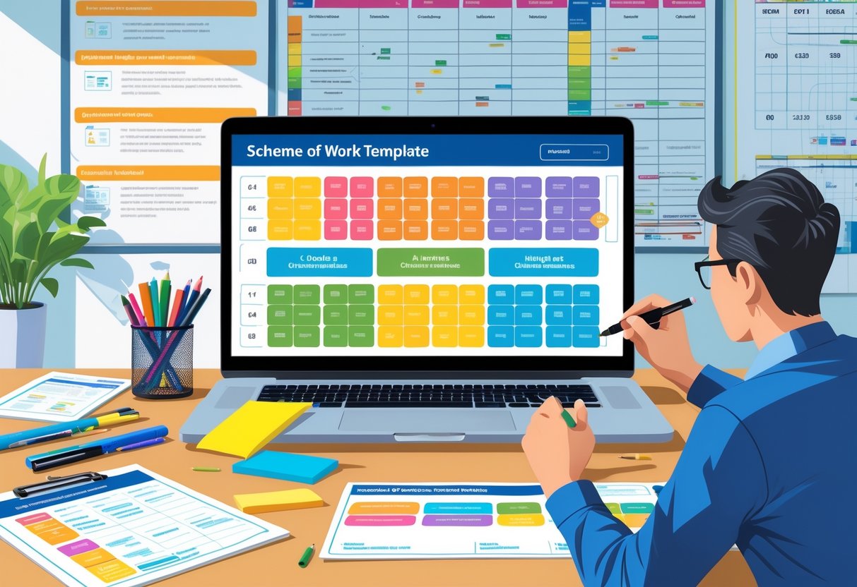 Scheme of Work Template: The Essential Guide for Teachers LearningMole A person working at a desk with a laptop and documents, updating an educational planning template surrounded by stationery and planning materials.