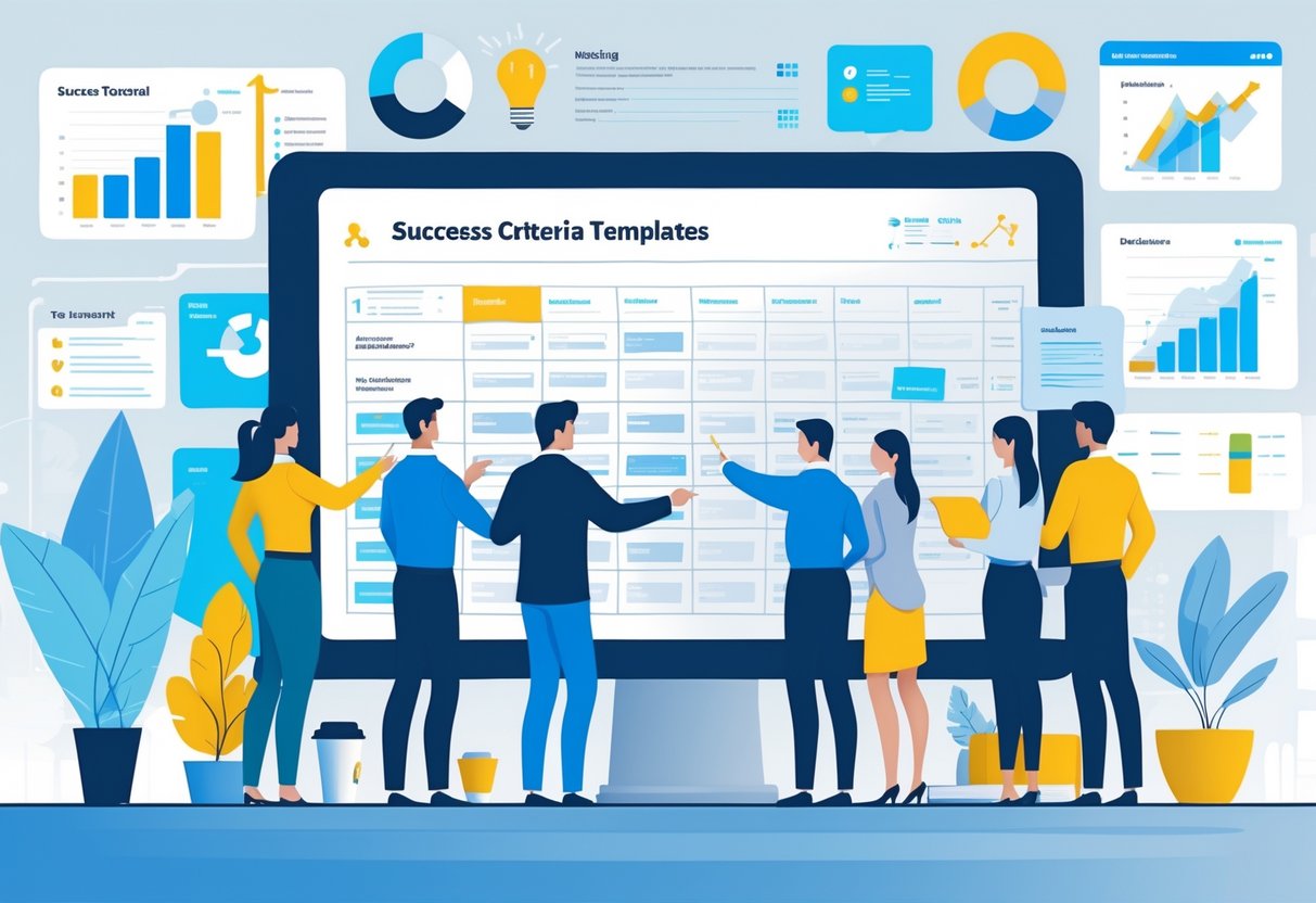 Success Criteria Templates: The Ultimate Guide to Defining Project Success LearningMole A group of professionals working together around a large digital touchscreen, adjusting templates for success criteria in a modern office setting.
