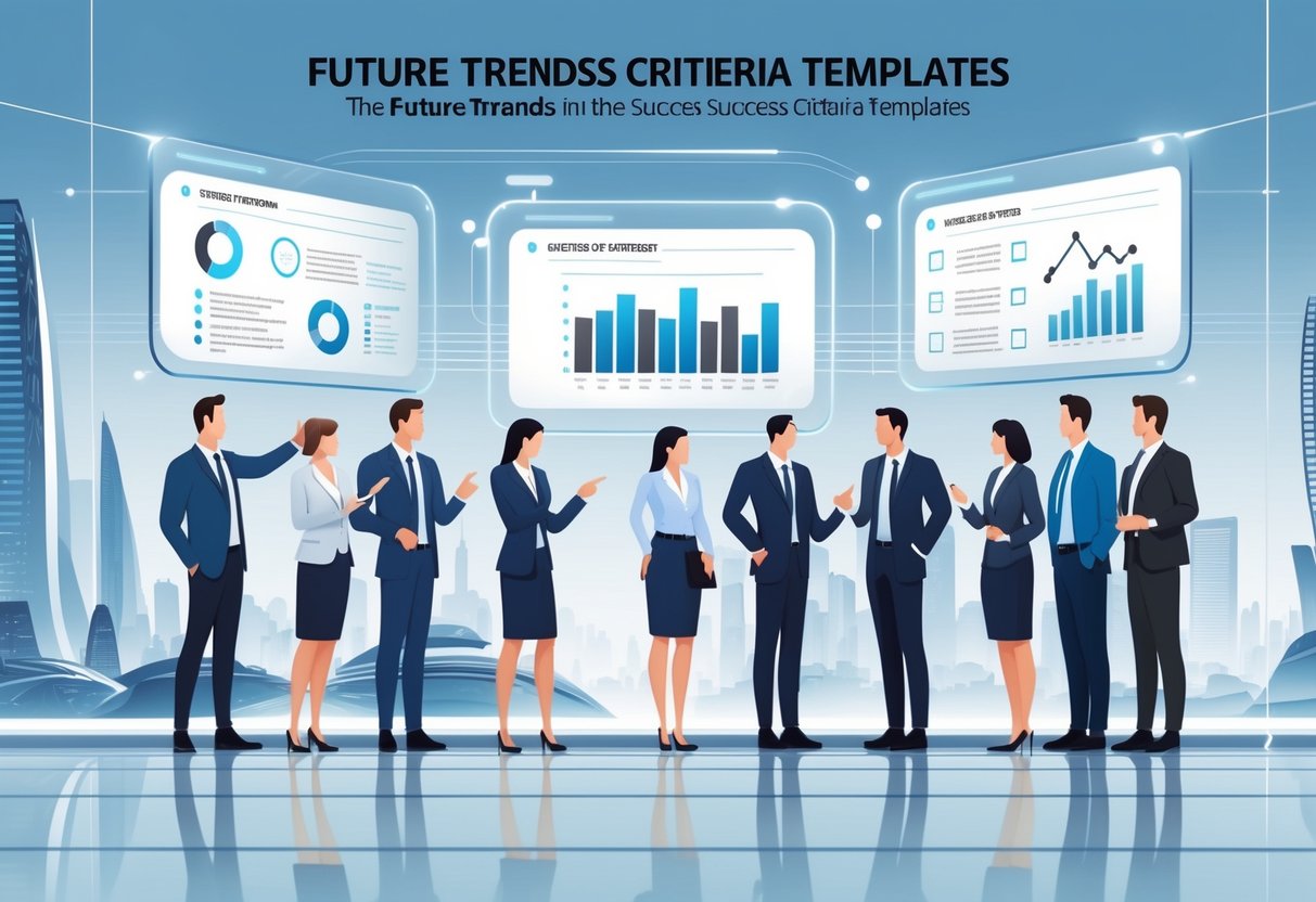 Success Criteria Templates: The Ultimate Guide to Defining Project Success LearningMole A modern office scene with professionals discussing floating digital charts and checklists, with a futuristic city visible through the windows.