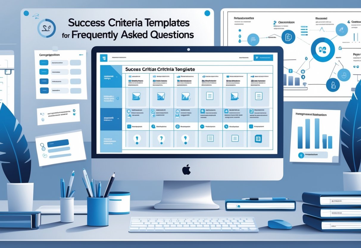 Success Criteria Templates: The Ultimate Guide to Defining Project Success LearningMole A tidy workspace with a computer showing a structured template layout, surrounded by office supplies and a board with diagrams in the background.