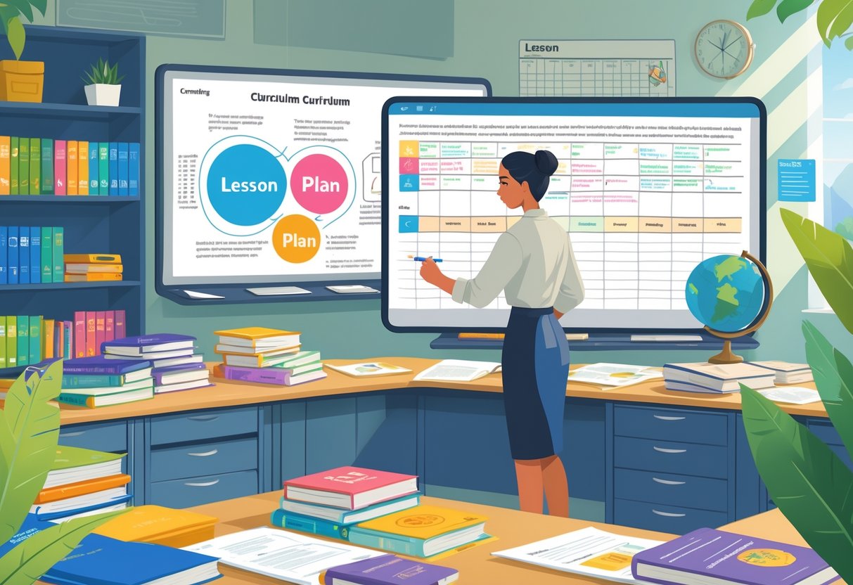 Outstanding Lesson Plans: Key Elements for Engaged Learners LearningMole A teacher in a classroom organising lesson plans and curriculum materials on a desk with charts and books around.