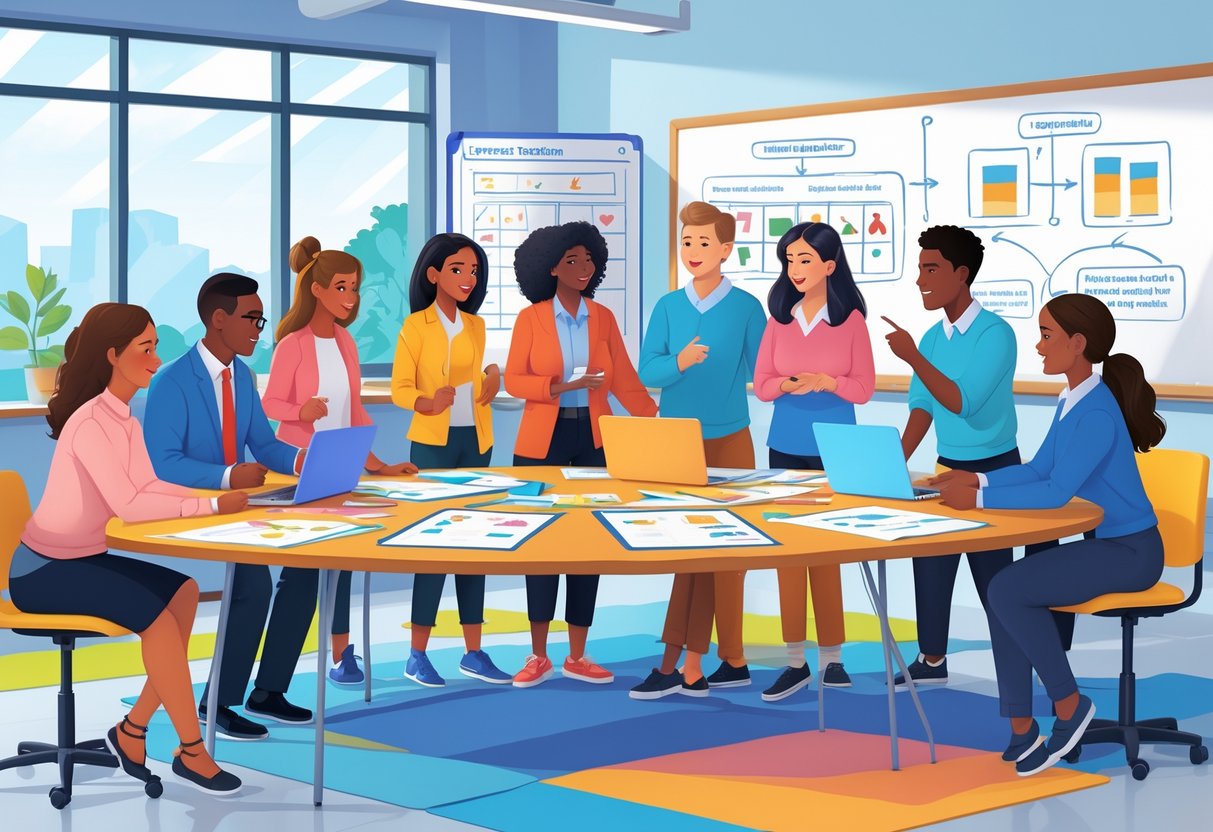 Outstanding Lesson Plans: Key Elements for Engaged Learners LearningMole A group of educators working together around a table covered with lesson materials and charts in a bright classroom.