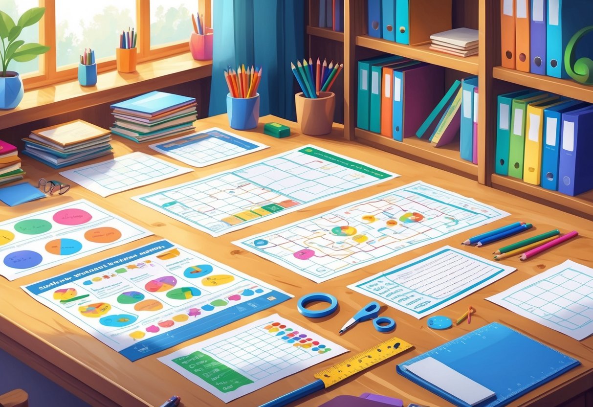 Educational Activities: Creative Ideas for Engaged Learning LearningMole A tidy desk with colourful educational worksheets, stationery items, and a bookshelf in the background.