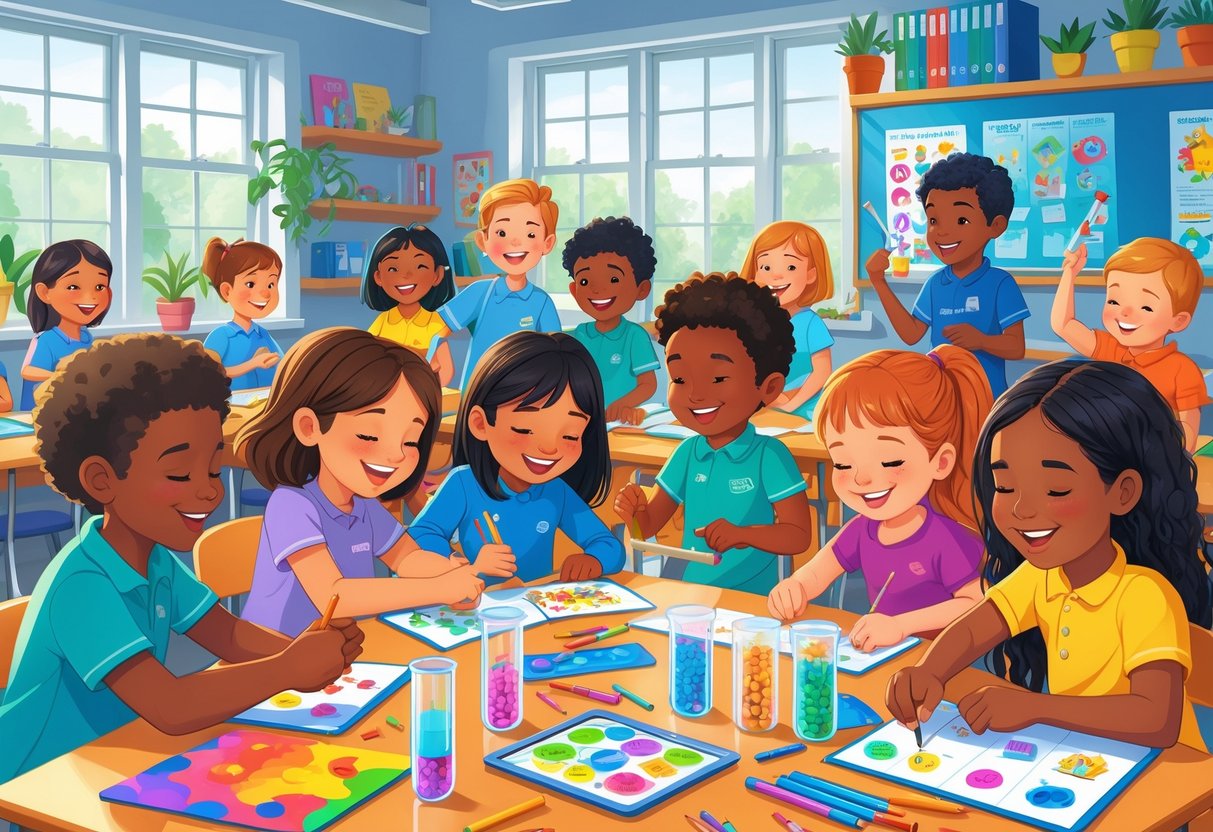 Children and a teacher engaging in various fun classroom activities, including group projects, interactive games, and science experiments in a bright and welcoming classroom.