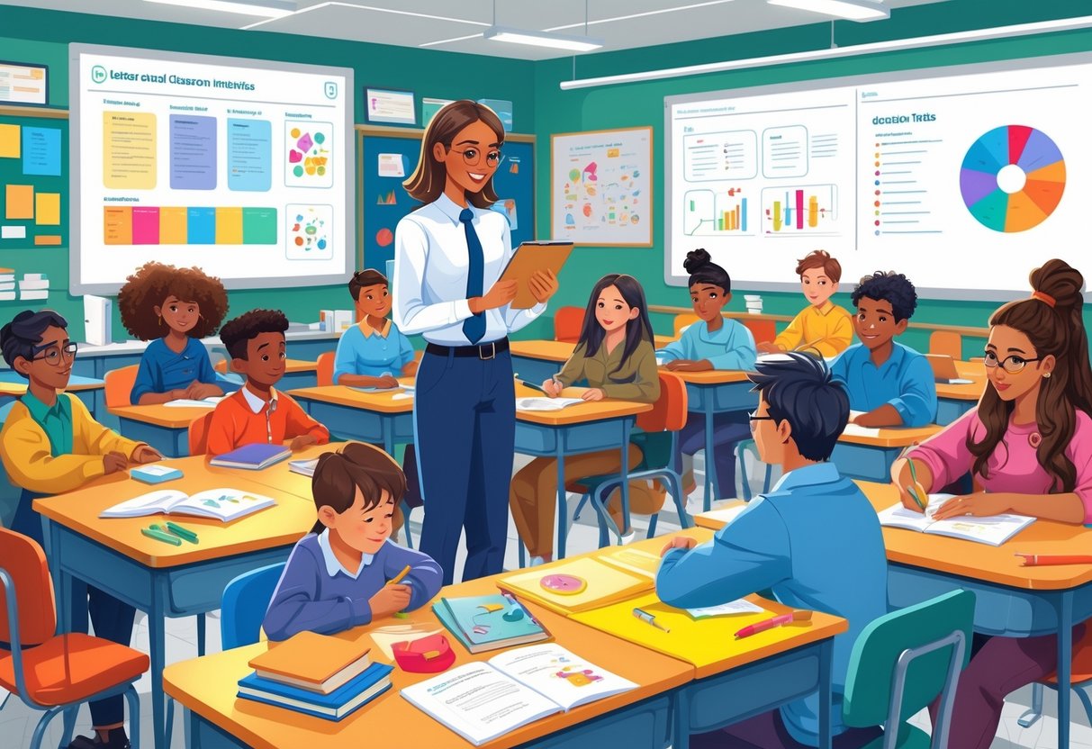 A teacher engaging with a group of students participating in classroom activities during a lesson.