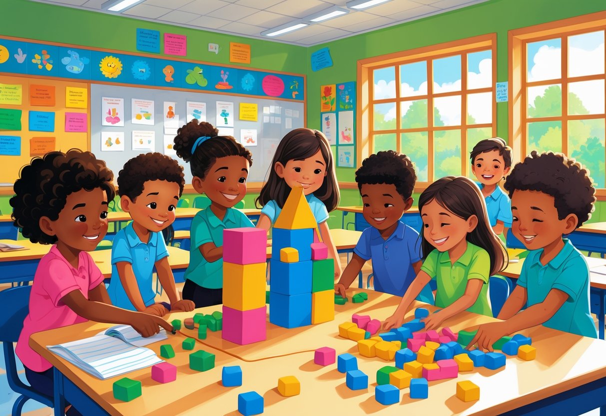 Children in a classroom working together in small groups on games that encourage teamwork and collaboration, with a teacher supporting them.