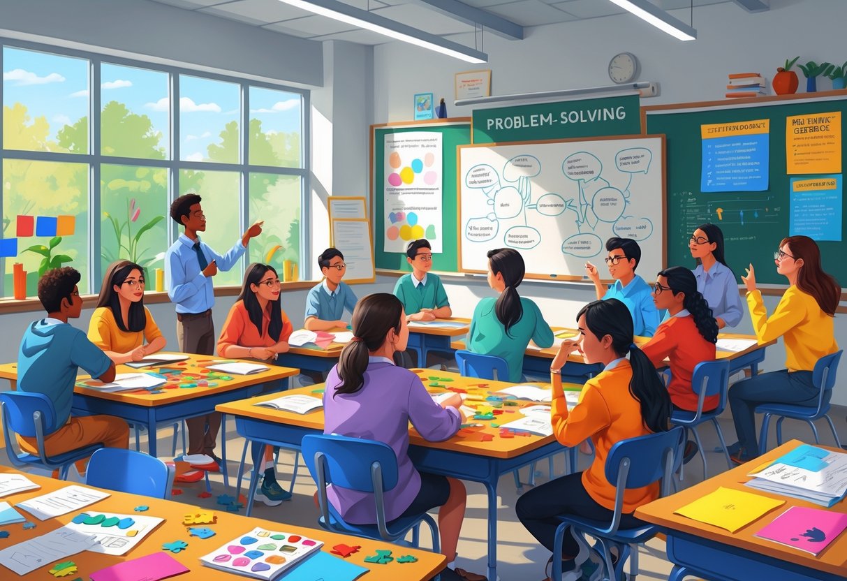 Classroom with students working together on problem-solving activities while a teacher guides them using diagrams on a whiteboard.