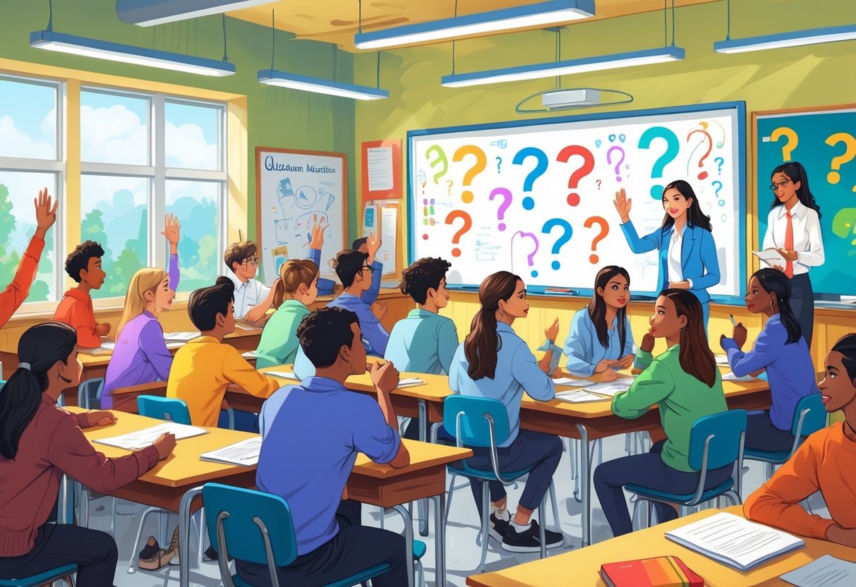 A classroom where students are asking questions and working together with a teacher guiding them.
