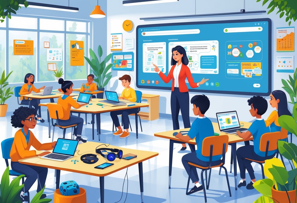 Teaching Activities: Inspiring Methods and Strategies for Teachers LearningMole A classroom where students and a teacher use tablets, laptops, and interactive screens for learning activities.