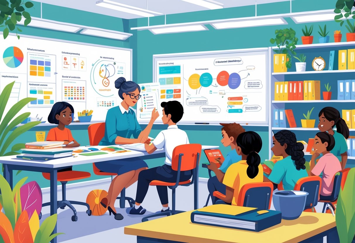 Teaching Activities: Inspiring Methods and Strategies for Teachers LearningMole A teacher thoughtfully reviewing lesson plans and working with a small group of students in a bright classroom filled with educational materials.