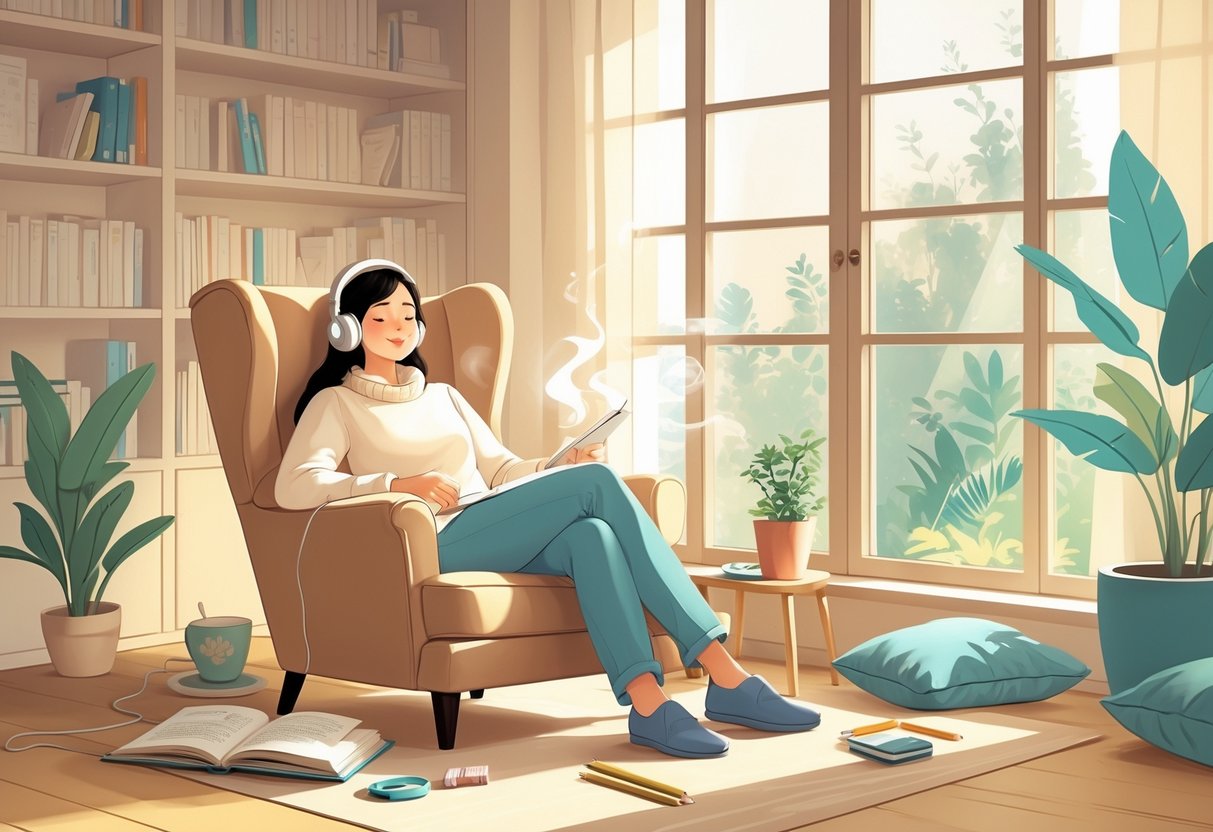 Individual Activities: Meaningful Ways To Enjoy Time Alone LearningMole A person sitting alone in a cosy room, reading a book with art supplies and a cup of tea nearby.