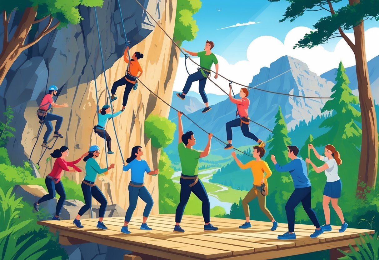 Group Activities: Top Ideas and Planning for Fun Shared Experiences LearningMole A group of people engaged in outdoor adventurous activities like rock climbing, crossing a rope bridge, and solving a puzzle together in a forested mountain setting.