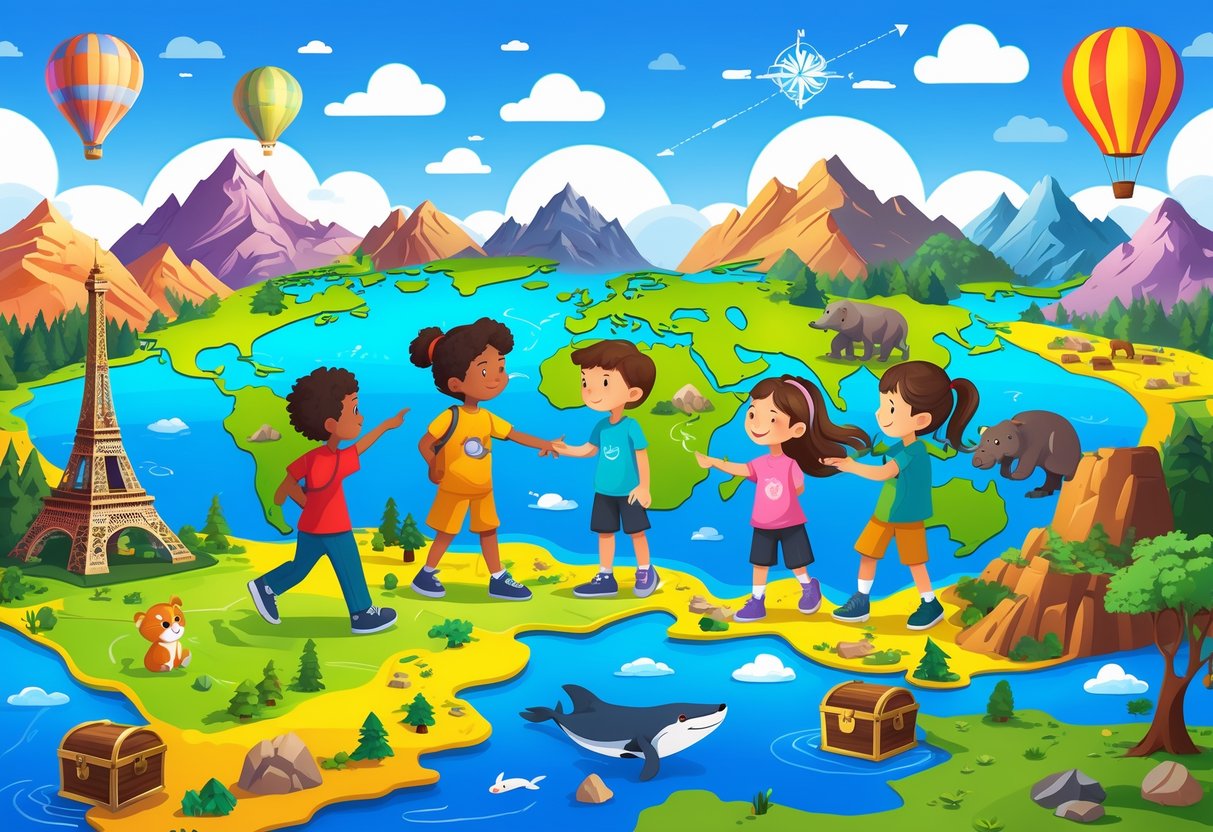 Children exploring a colourful map with mountains, rivers, and landmarks, surrounded by animals and game elements.