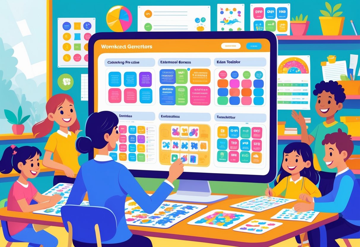 A teacher using a tablet to customise educational games while children work and play in a classroom.