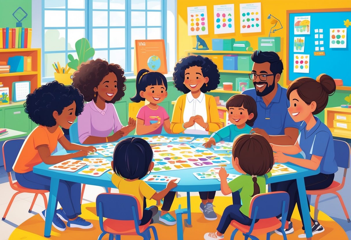 Parents, teachers, and children playing educational games together around a table in a bright classroom.