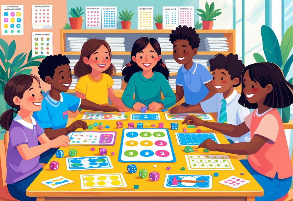 Maths Games: The Best Ways to Learn and Have Fun With Numbers LearningMole Children and adults playing maths games together at a table with game boards, cards, and worksheets in a bright learning space.