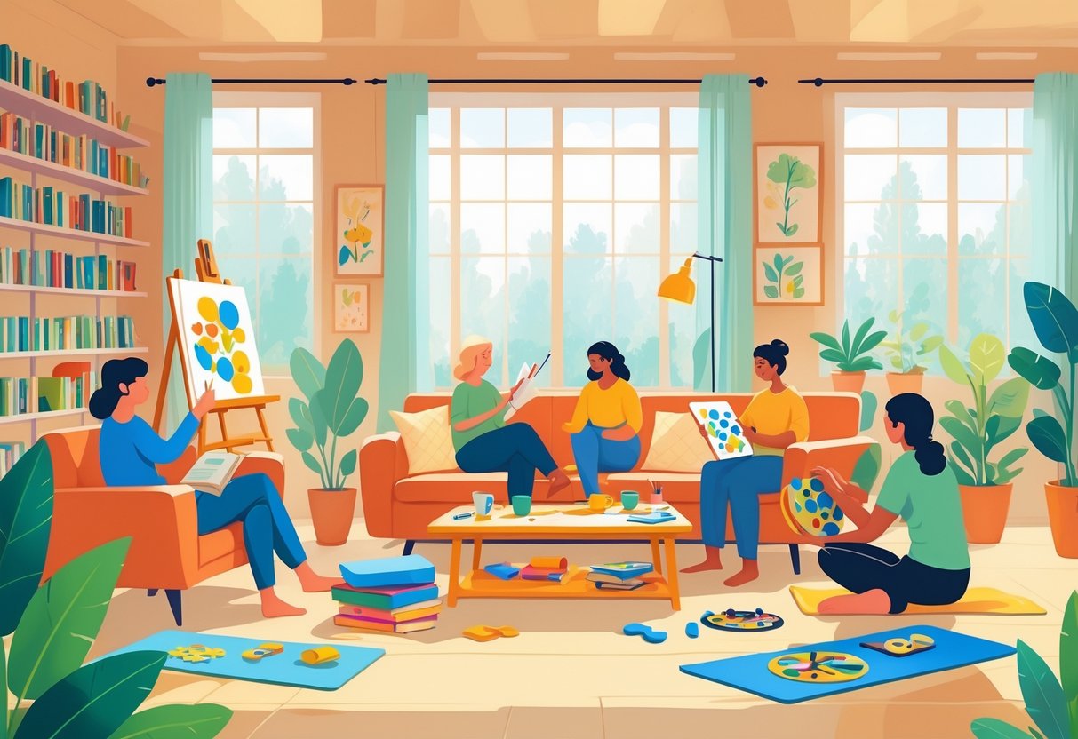 Indoor Activities: Top Creative and Fun Ideas for Every Age LearningMole A group of people enjoying different indoor activities like reading, painting, playing board games, and doing yoga in a bright and cosy room.