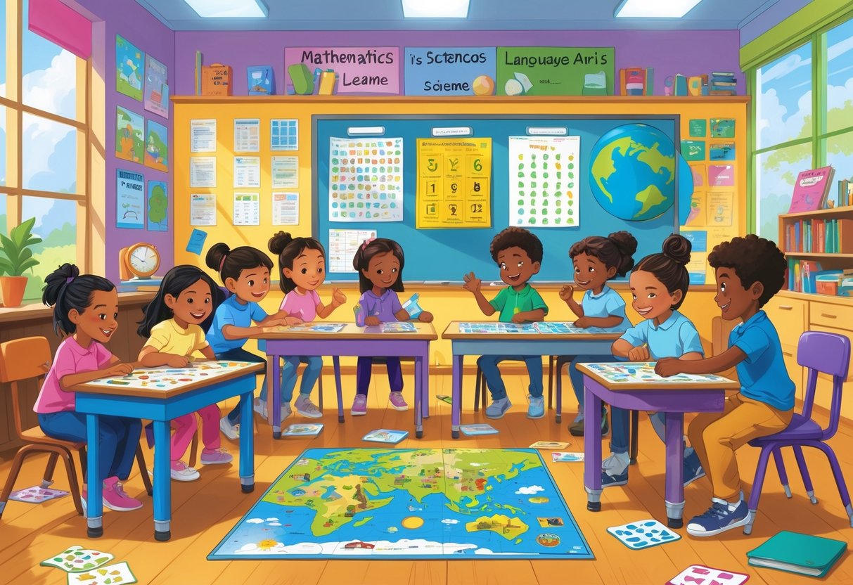 Classroom Games: Engaging Ideas and Activities for Teachers Classroom Games LearningMole Children in a classroom playing different educational games related to maths, science, language, and geography while the teacher watches and supports them.