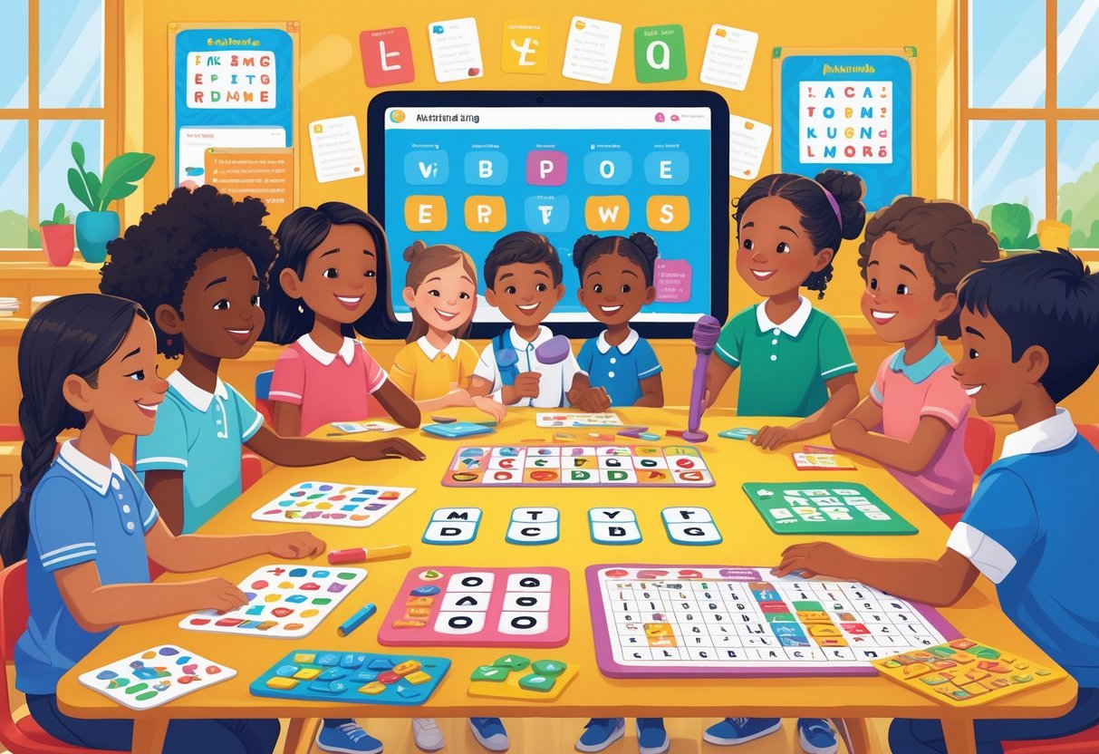 Spelling Games: Fun Ways to Improve Spelling Skills Online LearningMole Children playing different spelling games together in a bright classroom, including word-building with letter tiles, a spelling bee, and interactive activities on a tablet.