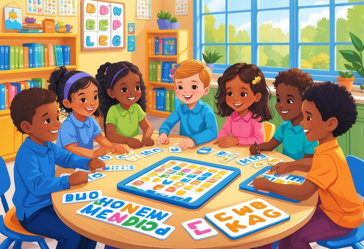 Spelling Games: Fun Ways to Improve Spelling Skills Online LearningMole Children playing spelling games with letter tiles and word puzzles around a table in a bright classroom.