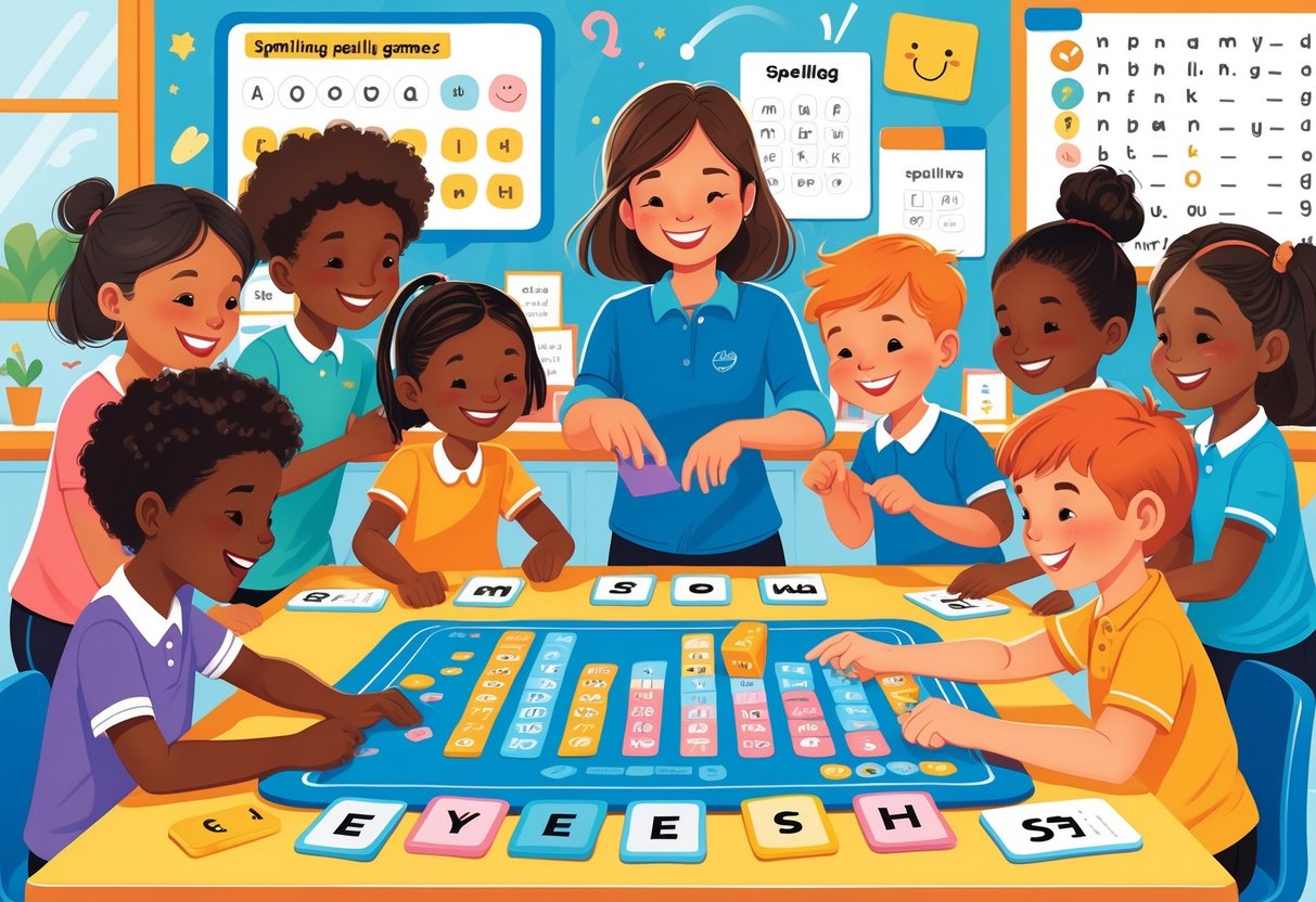 Spelling Games: Fun Ways to Improve Spelling Skills Online LearningMole Children playing spelling games with letter tiles and word cards in a classroom, guided by a teacher.