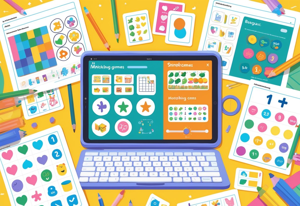 Fun Learning Activities: Engaging Ways for Kids to Grow & Explore LearningMole A colourful workspace with printable worksheets, a tablet showing educational content, pencils, crayons, and flashcards arranged for fun learning activities.