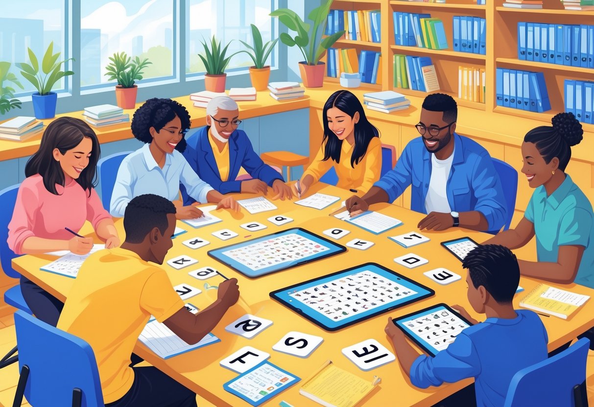 Spelling Games: Fun Ways to Improve Spelling Skills Online LearningMole A group of adults working together on spelling games around a table in a bright classroom.