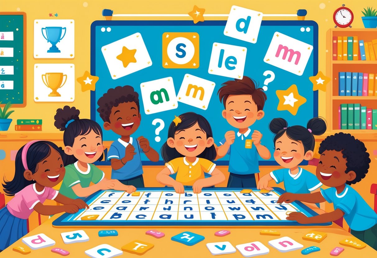 Spelling Games: Fun Ways to Improve Spelling Skills Online LearningMole Children playing a spelling game together in a classroom, showing excitement and receiving rewards like stars and trophies.