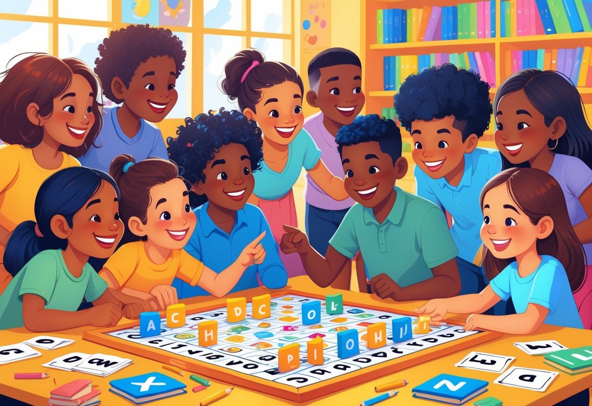 Spelling Games: Fun Ways to Improve Spelling Skills Online LearningMole Children and adults playing a spelling board game together in a bright classroom setting.