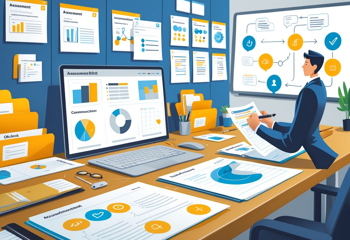 A person reviewing documents at a desk with folders, a laptop, and a whiteboard showing charts and diagrams related to assessment and communication.
