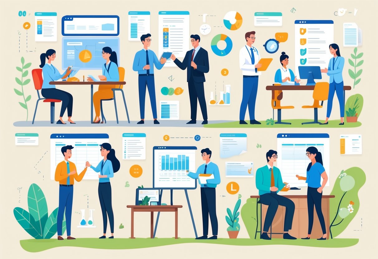 People in different professional and educational settings engaged in various assessment activities, including reviewing work, conducting evaluations, and giving feedback.