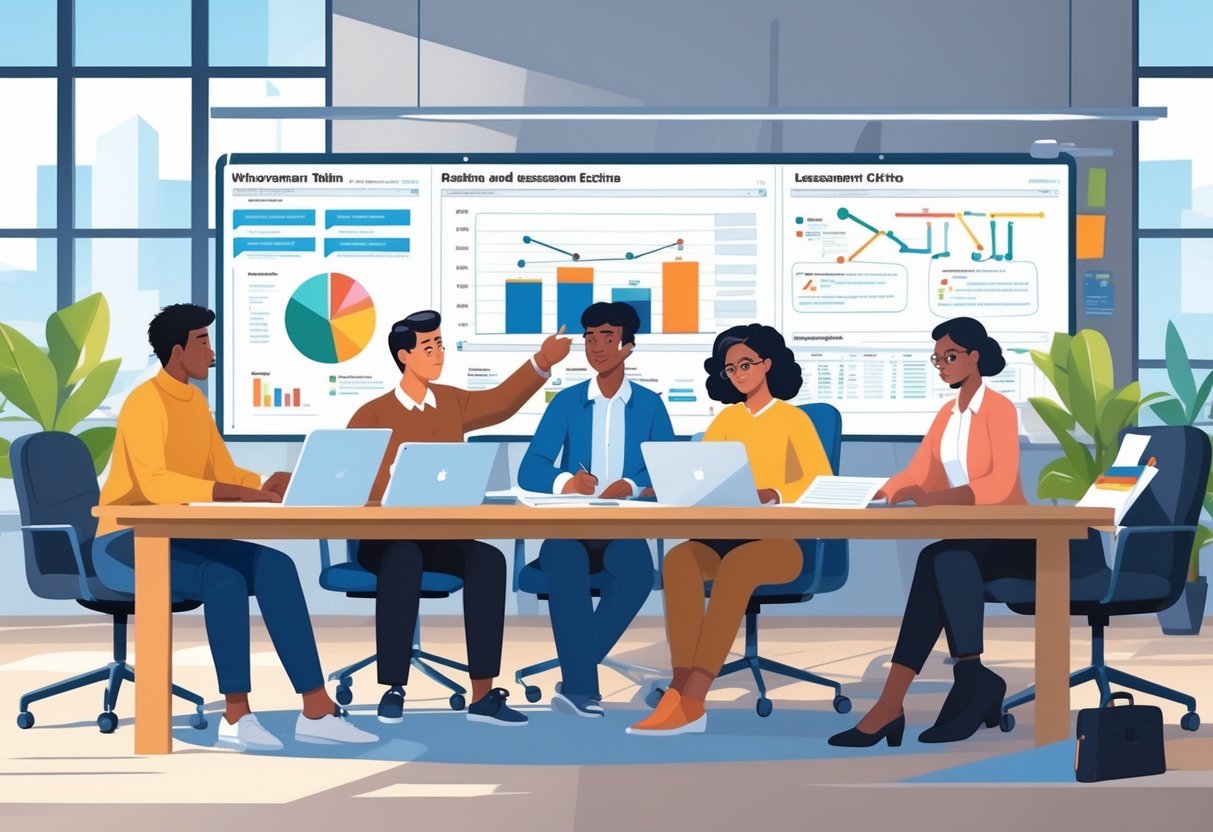Four people working together around a table with documents and devices, discussing and reviewing charts in an office.