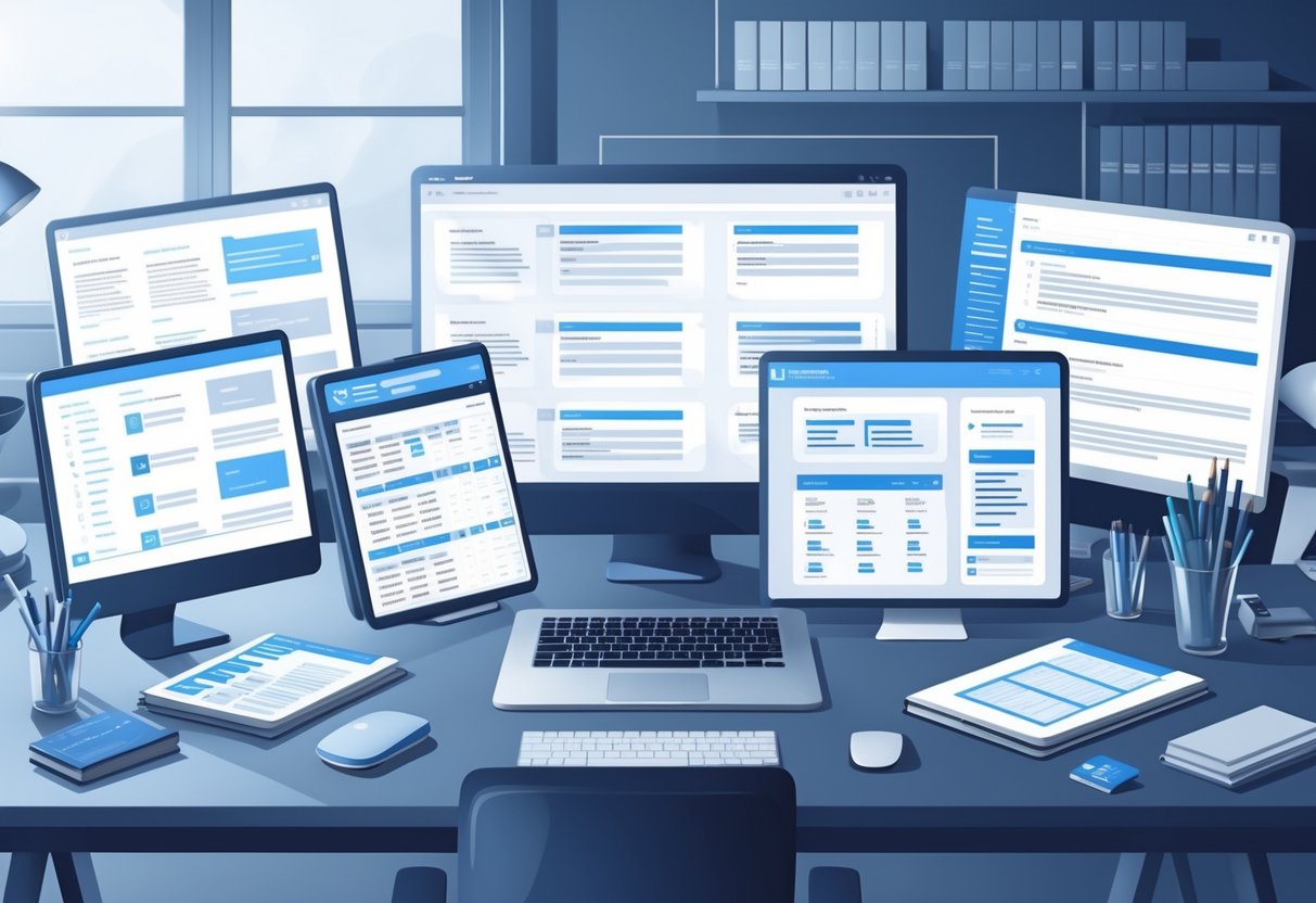 Test Templates: Top Uses, Types, and Expert Creation Tips LearningMole A workspace showing various test templates displayed on documents and digital devices arranged on a desk.