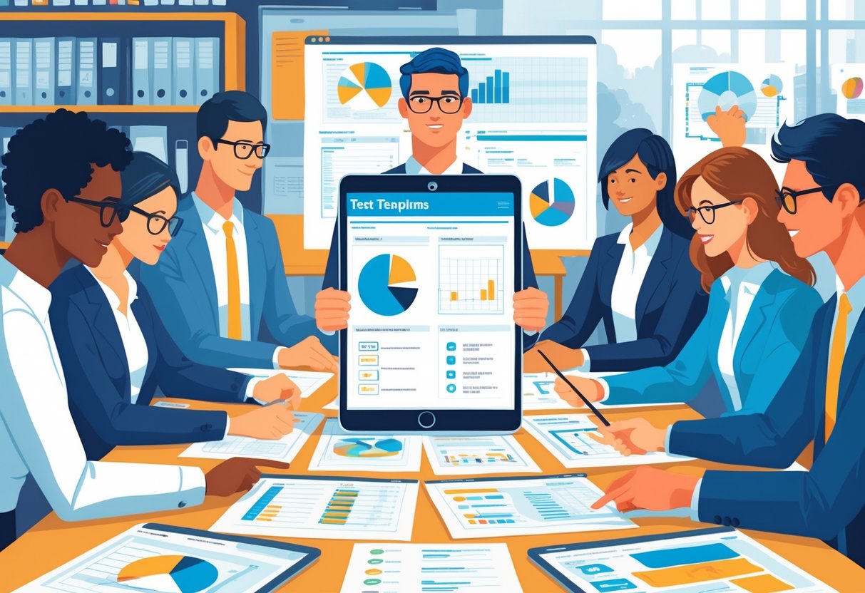 Test Templates: Top Uses, Types, and Expert Creation Tips LearningMole A group of business people working together around a table with documents and digital devices, focusing on a tablet displaying a test template in an office.