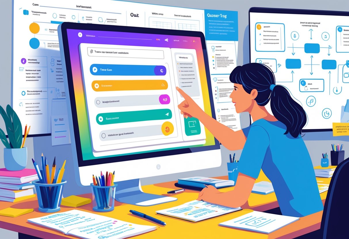 Test Templates: Top Uses, Types, and Expert Creation Tips LearningMole A person working at a desk with a computer showing a quiz interface, surrounded by stationery and a whiteboard with diagrams in the background.