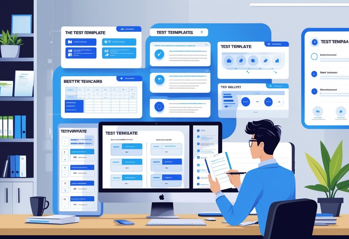 Test Templates: Top Uses, Types, and Expert Creation Tips LearningMole A person at a desk reviewing different test templates on a laptop and tablet in an office setting.