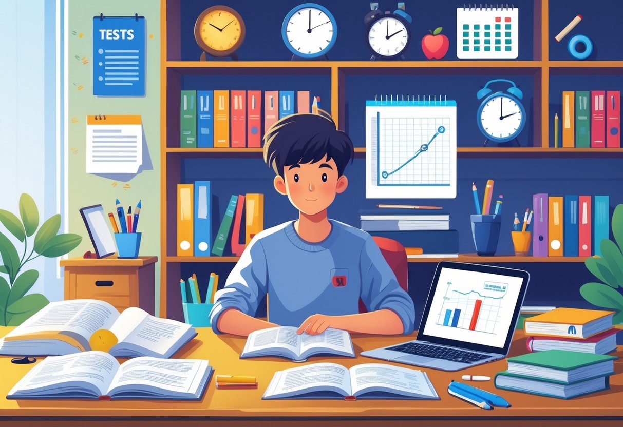 Standardised Test Prep: Strategies and Tips for Success LearningMole A student studying at a desk surrounded by books and digital devices, focusing on preparing for standardised tests.