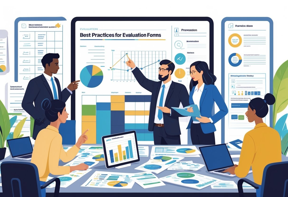 Evaluation Forms: Best Practices, Types, and Key Elements LearningMole A group of professionals collaborating around a table with evaluation forms, laptops, and charts in a bright office setting.