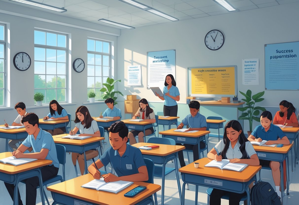 Standardised Test Prep: Strategies and Tips for Success LearningMole A classroom with students sitting at desks, focused on test preparation, with a teacher standing nearby and a clock showing morning time.