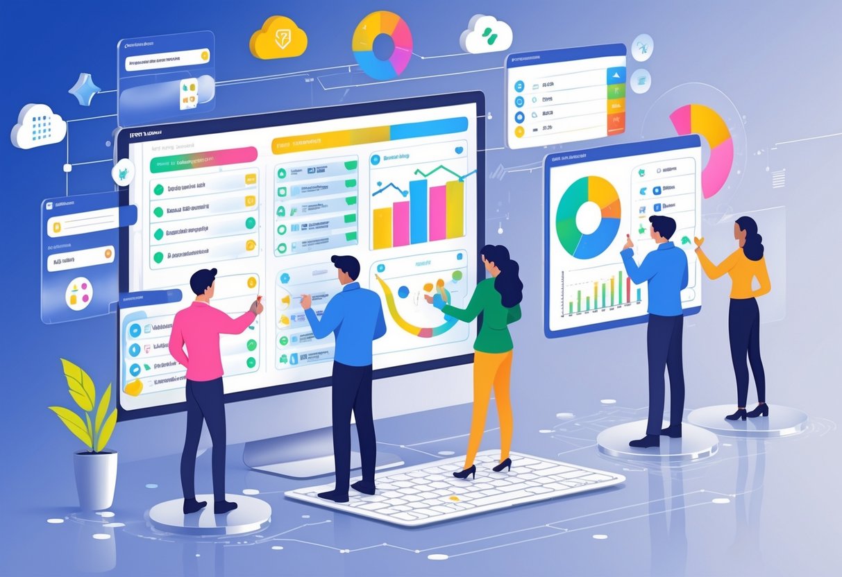 Evaluation Forms: Best Practices, Types, and Key Elements LearningMole A digital workspace with people interacting with floating screens showing evaluation forms and data charts.