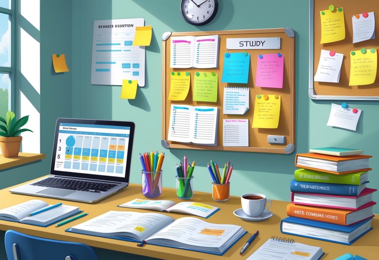 Exam Resources: Essential Tools and Strategies for Test Success LearningMole A tidy study desk with a laptop showing a calendar, organised notebooks, pens, textbooks, and a wall board with pinned study plans and notes.