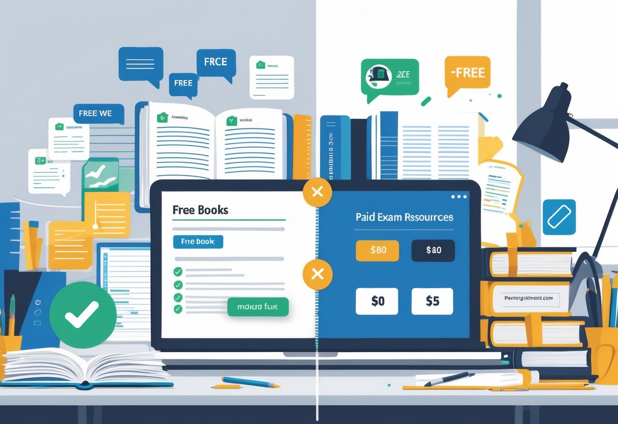 Exam Resources: Essential Tools and Strategies for Test Success LearningMole A study desk divided into two sides showing free exam materials like open books and a laptop on one side, and paid exam resources like premium textbooks and a tablet with a payment screen on the other.