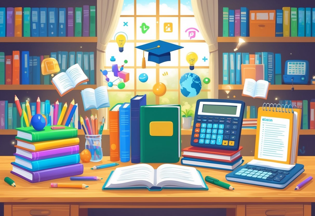 Exam Resources: Essential Tools and Strategies for Test Success LearningMole A desk with exam resources for different education levels including children's books, school textbooks, a laptop, and calculators in a bright study room.