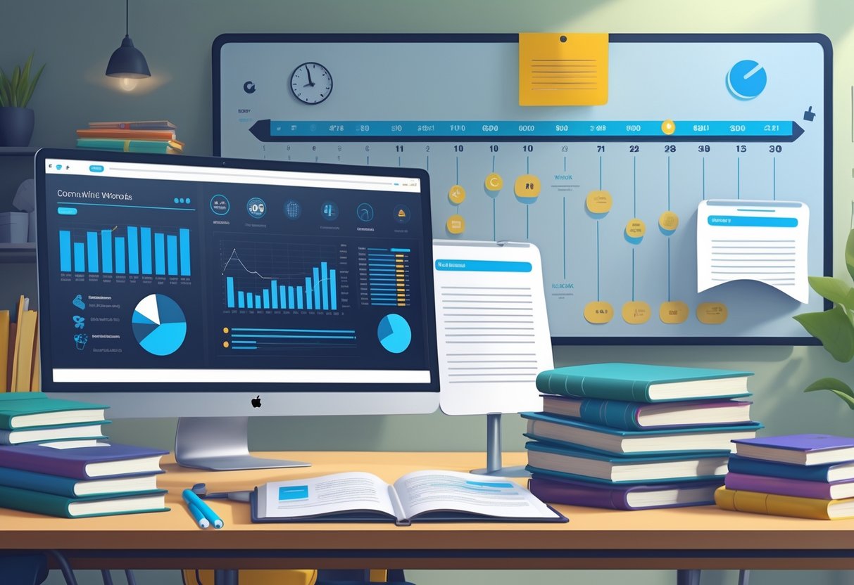 Exam Resources: Essential Tools and Strategies for Test Success LearningMole A modern office desk with a computer showing progress charts, surrounded by books and tablets, and a wall screen displaying a timeline of new resource releases.