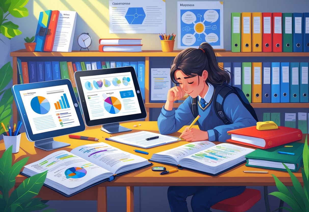 GCSE Assessment Resources: Comprehensive Tools for Effective Preparation LearningMole A student studying at a desk with textbooks, notebooks, and digital devices surrounded by educational charts and stationery in a quiet study room.