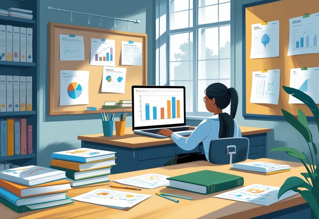 GCSE Assessment Resources: Comprehensive Tools for Effective Preparation LearningMole A person working at a desk with books and papers in a tidy study room filled with educational materials and a bulletin board.